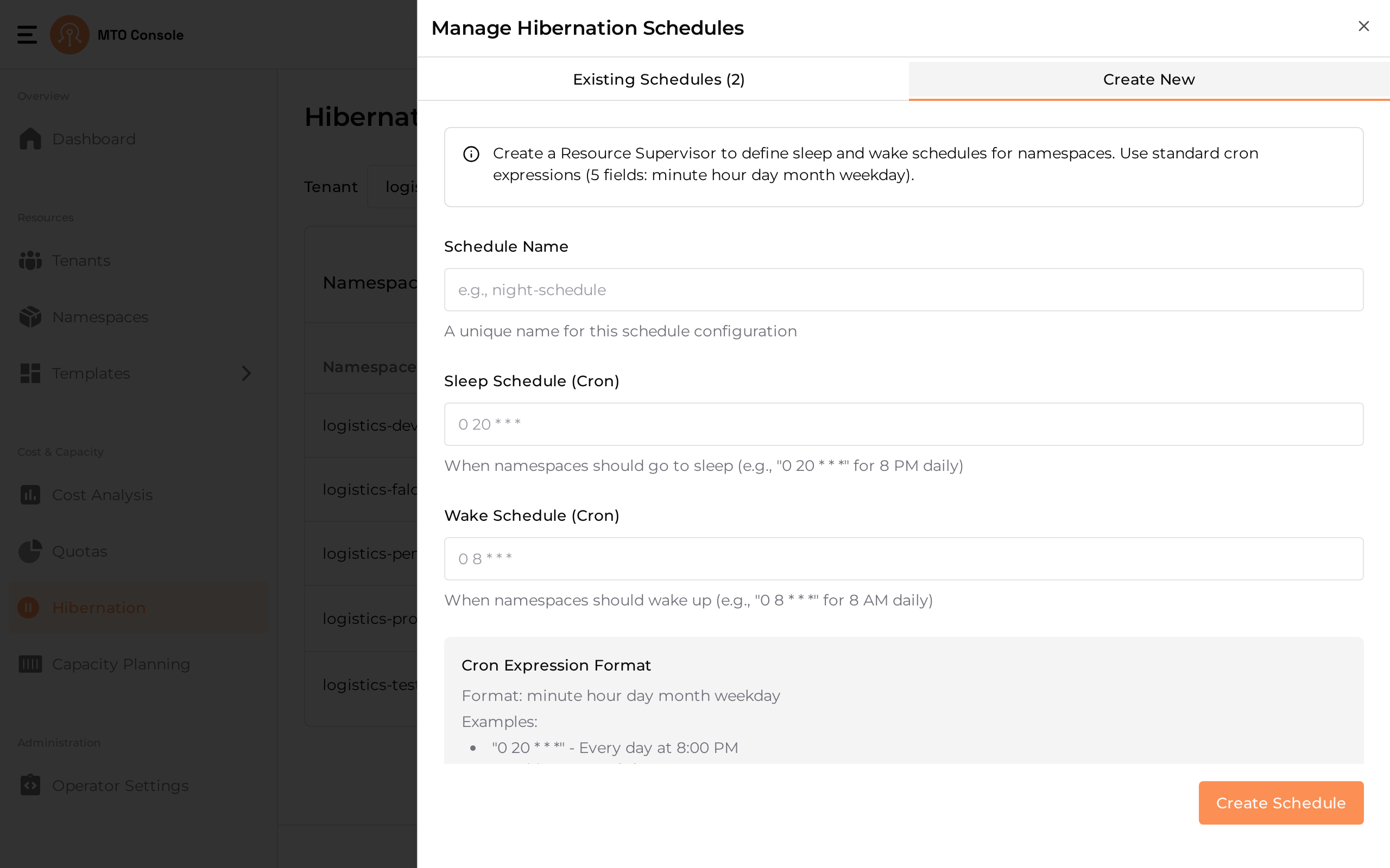 The Create New tab of the schedule drawer