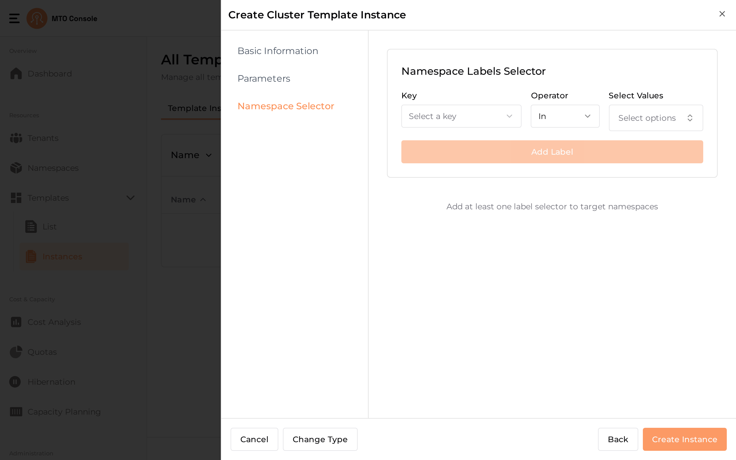 The create drawer on the Namespace Selector step