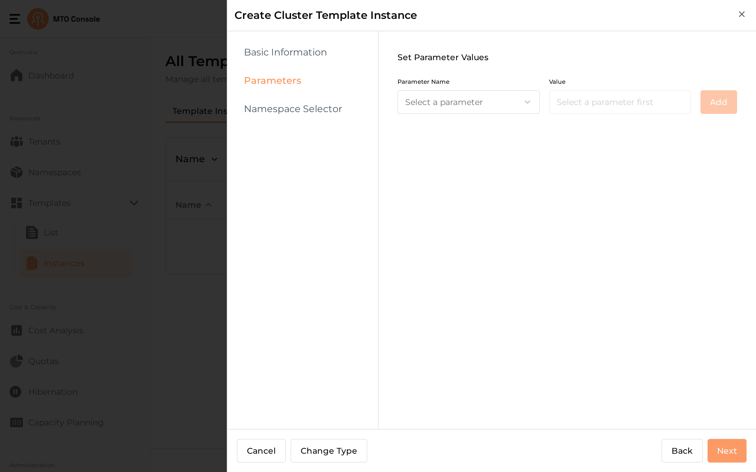 The create drawer on the Parameters step