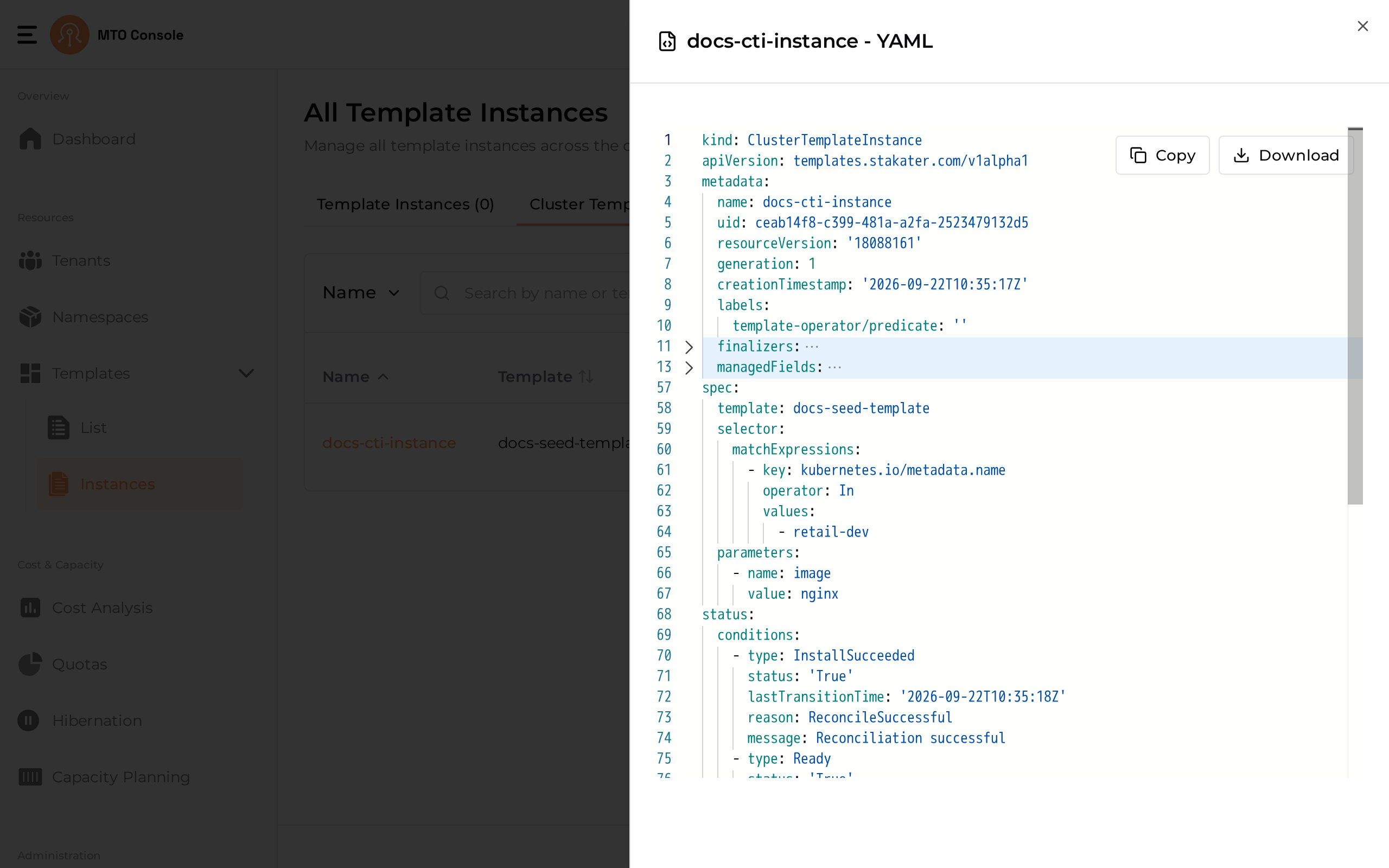 The YAML view of a Cluster Template Instance