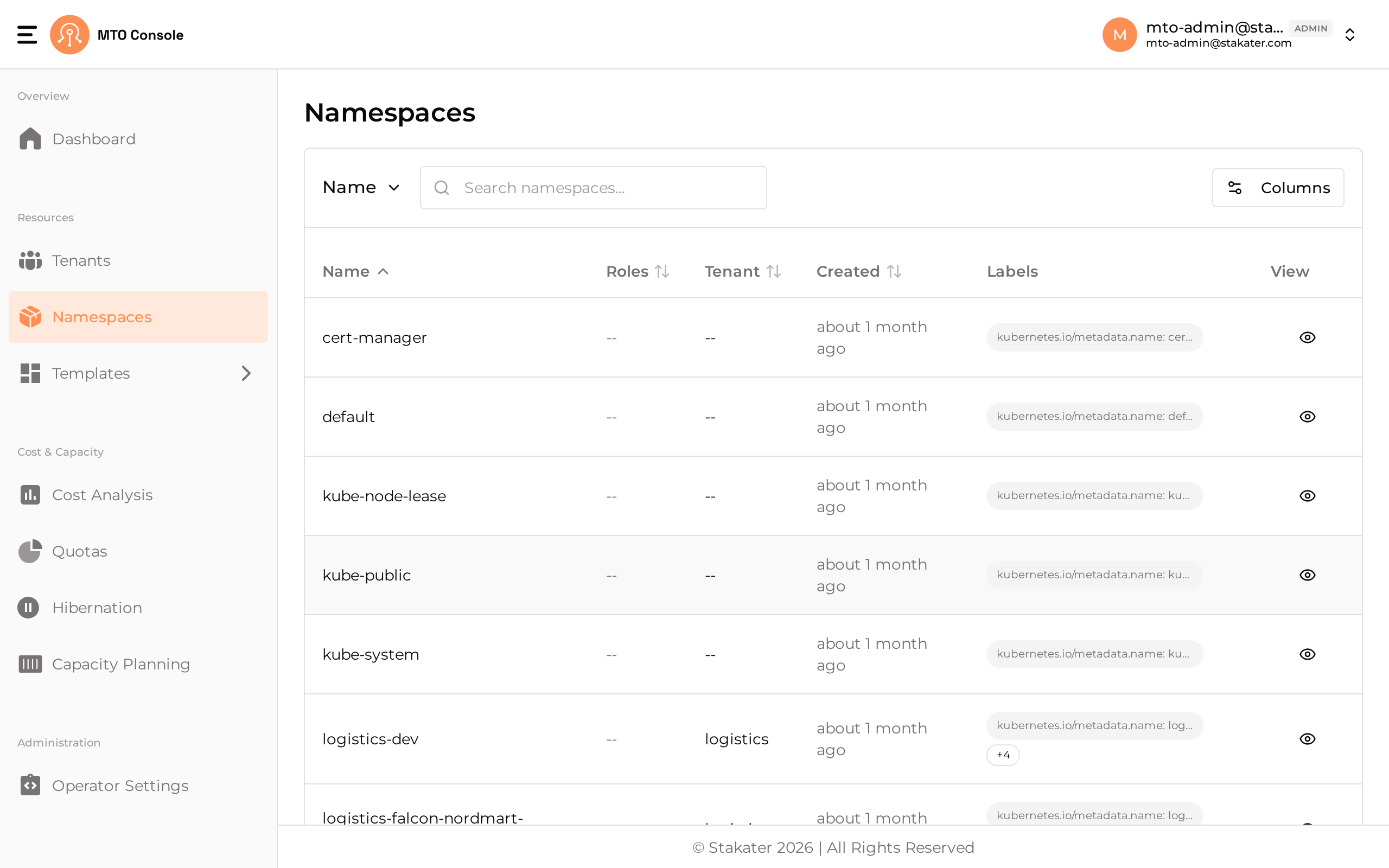 The Namespaces page