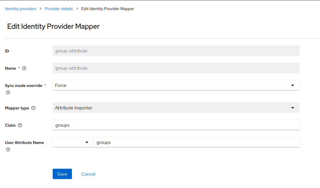 Keycloak IdP mapper showing the group IDs claim mapped to the user attribute.
