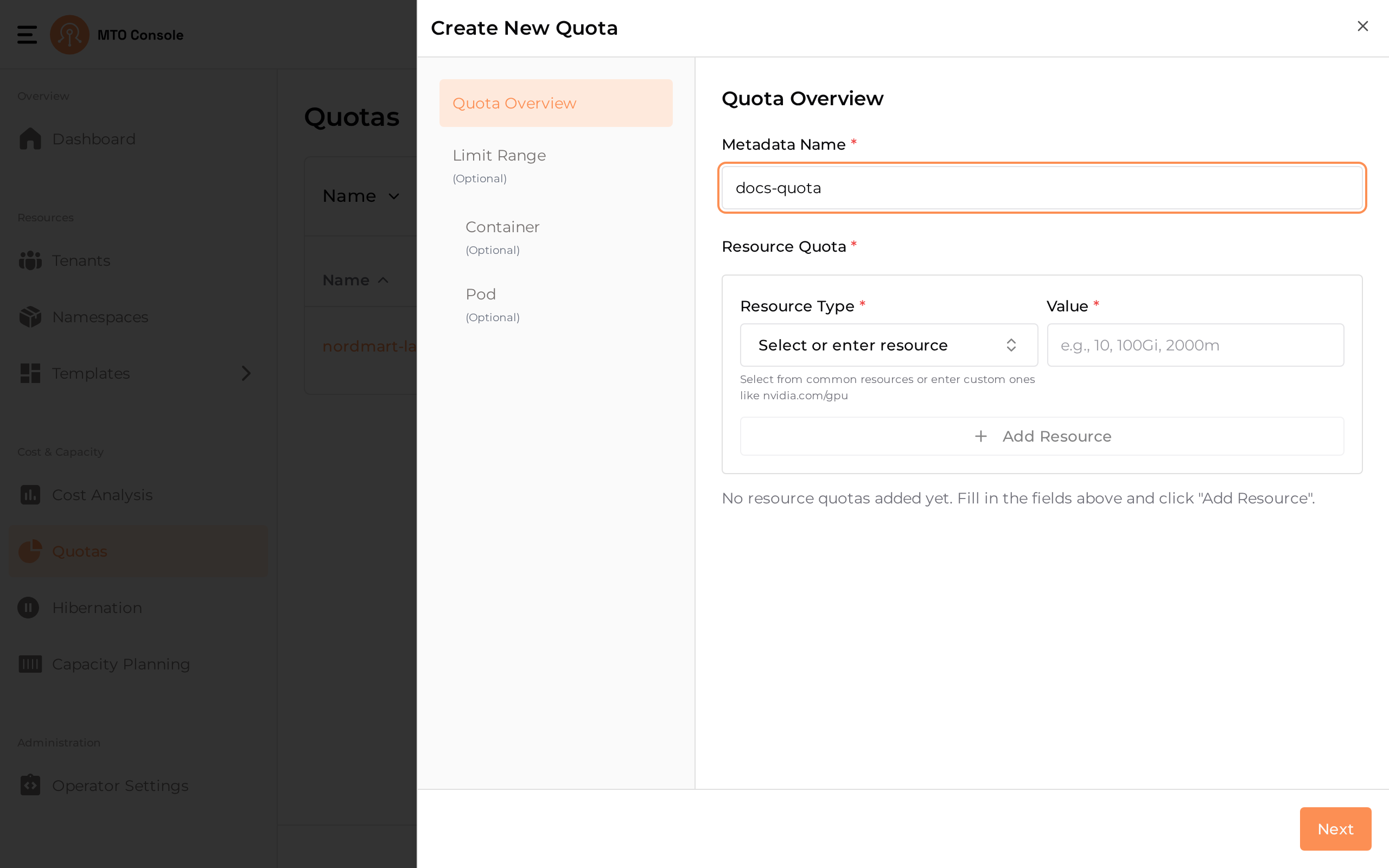 The Create Quota drawer on the Quota Overview step