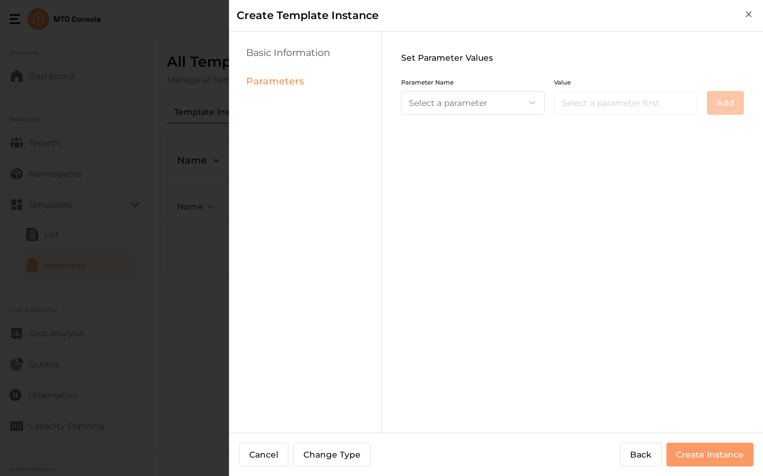 The create drawer on the Parameters step