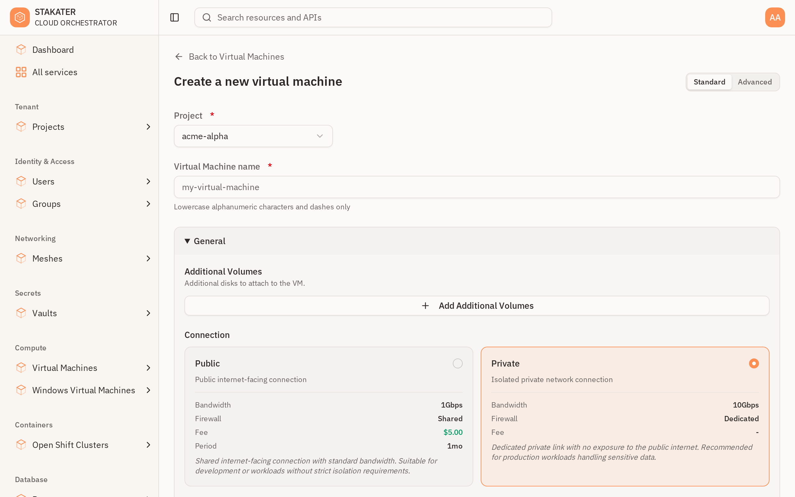 The create form, with the Standard and Advanced toggle