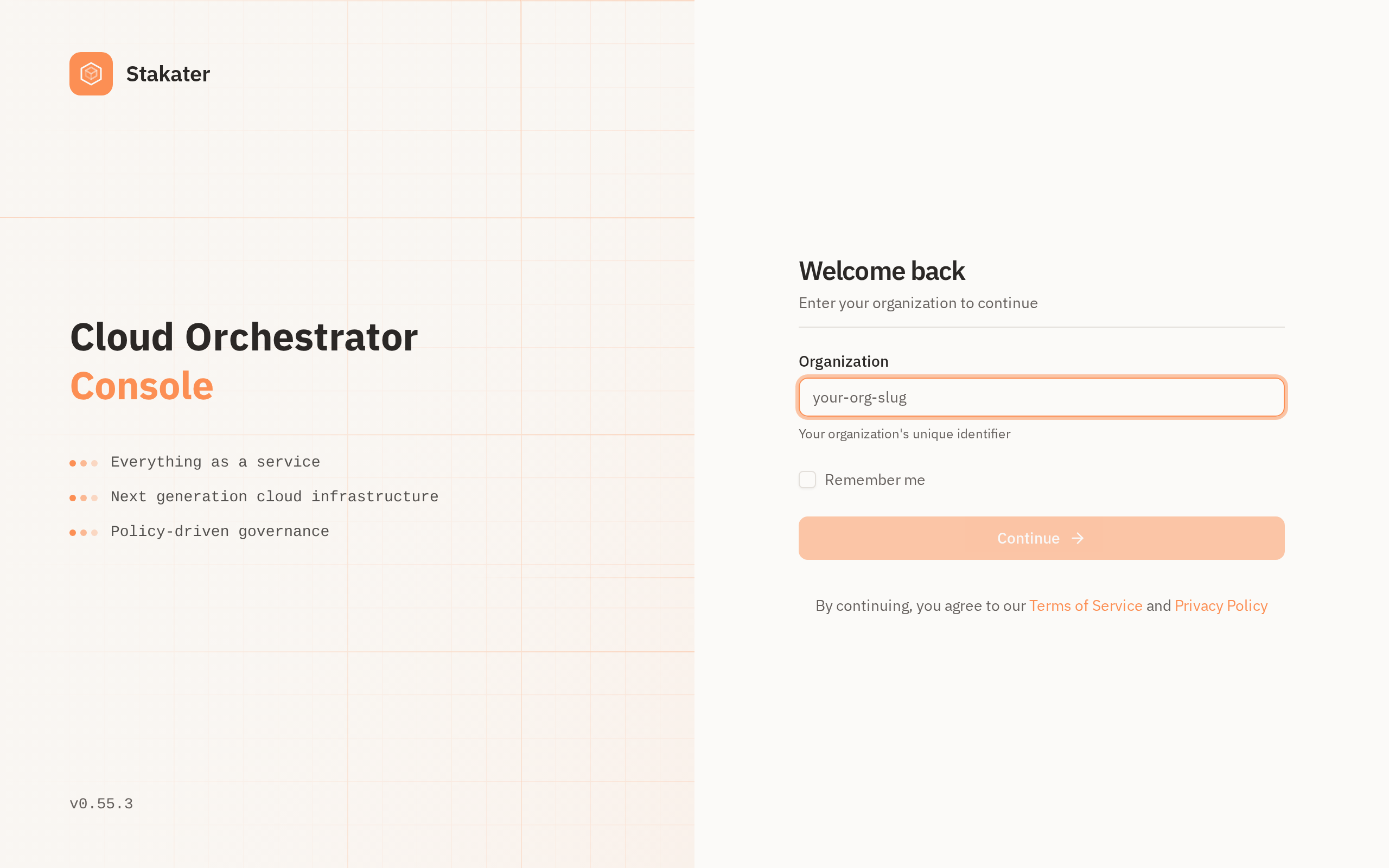 The console sign-in screen with the organisation field
