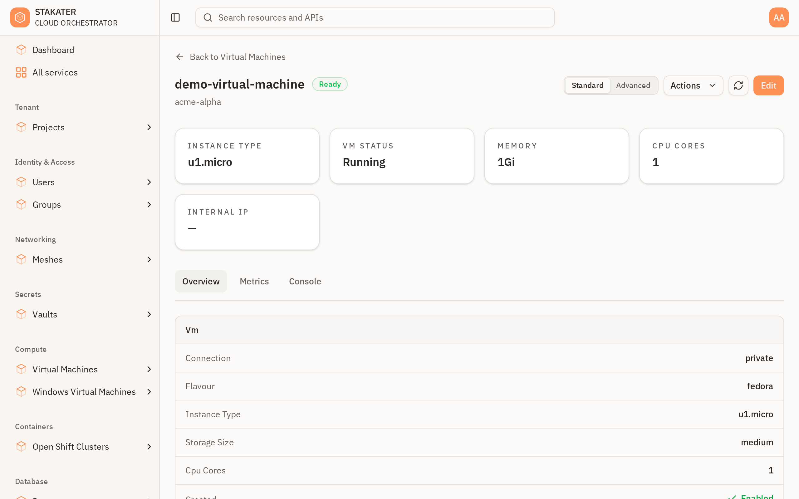 A virtual machine detail page in Standard mode