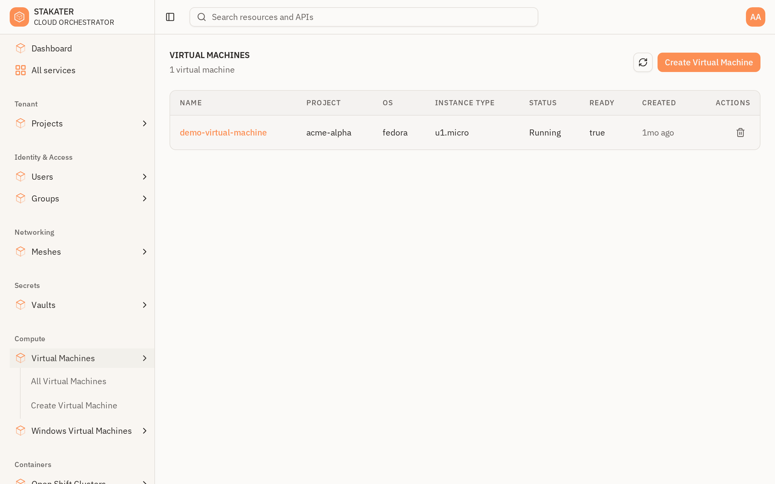 A virtual machine list with status and a Create button